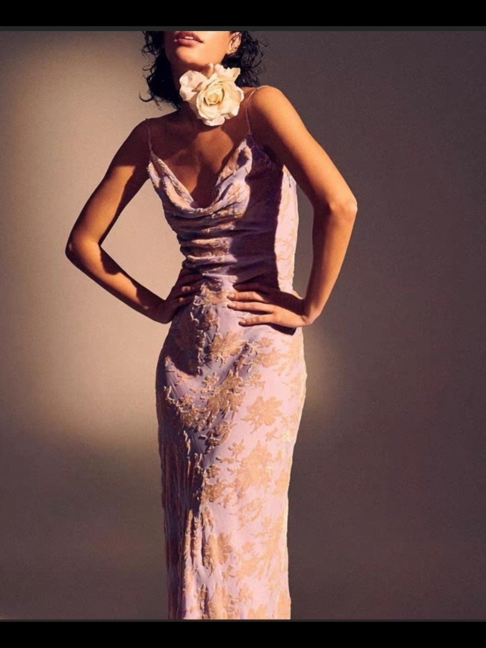 Rat & Boa Lavender Slip Maxi Dress with Gold Floral Lace